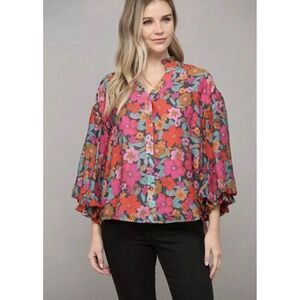 Fate L Floral Button Up Blouse Women Balloon Sleeve Tencel Colorful Spring